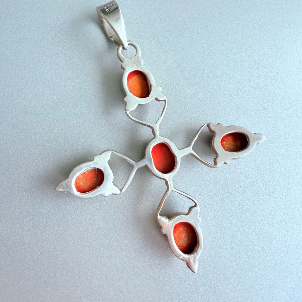 Artisan Large Cross Sterling Silver 925 Heart Red Coral Gemstone 3" Pendant - Picture 4 of 6